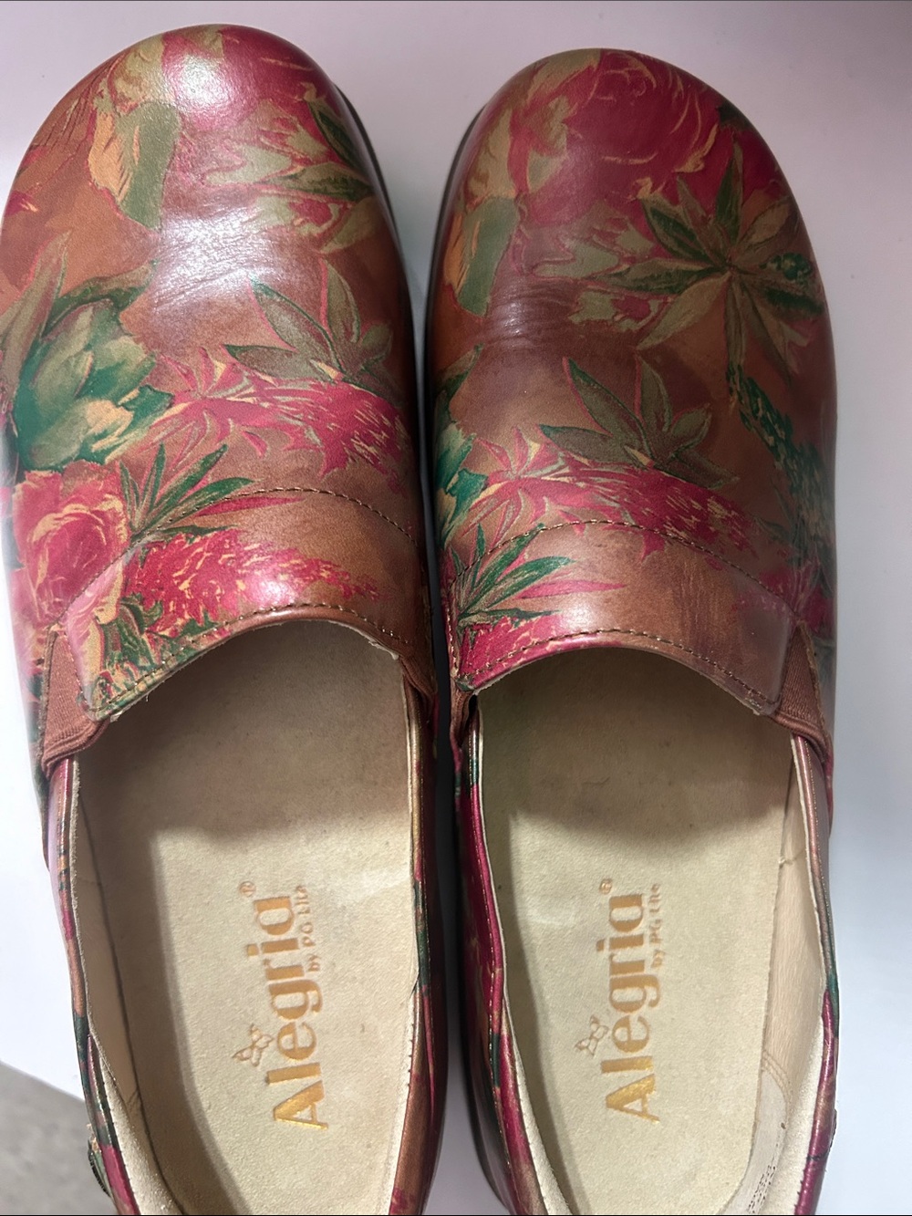 Alegria Pink and Green Floral Leather Slip-Ons